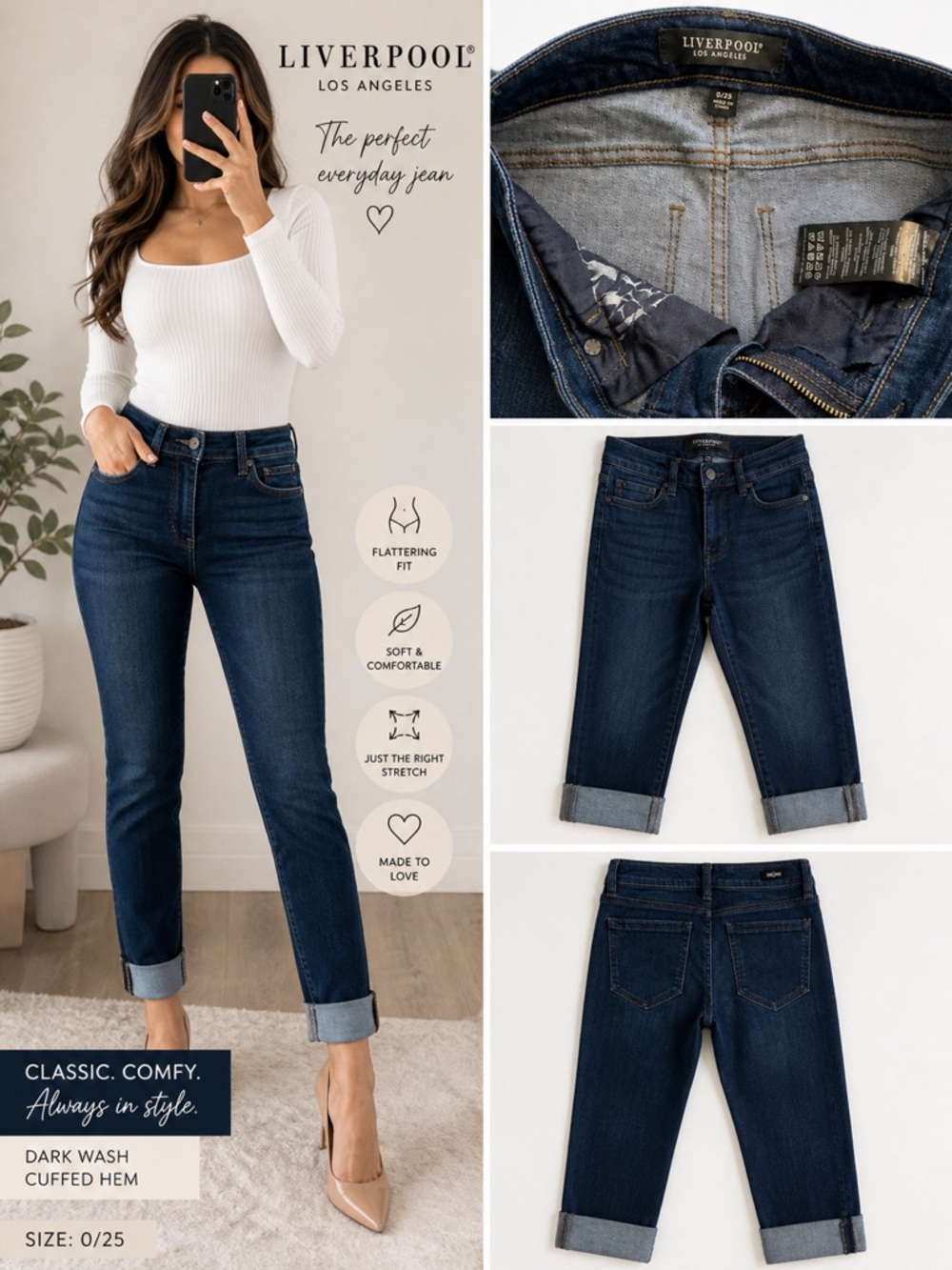 Liverpool Los Angeles Dark Wash Jeans Cuffed Hem High Rise Stretch